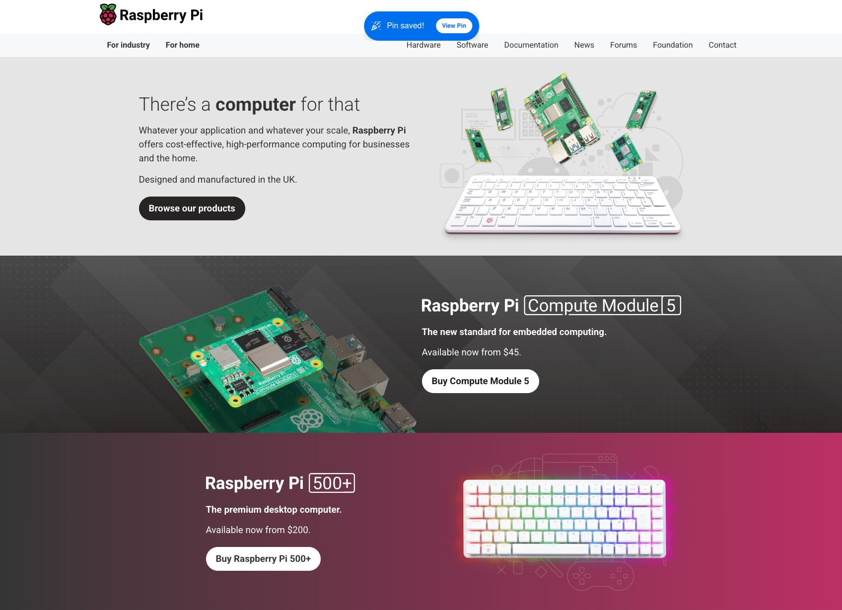 Hero banner with product imagery on light grey background, featuring Raspberry Pi logo, navigation bar, and two product call-to-action sections with dark and magenta gradient captured website design