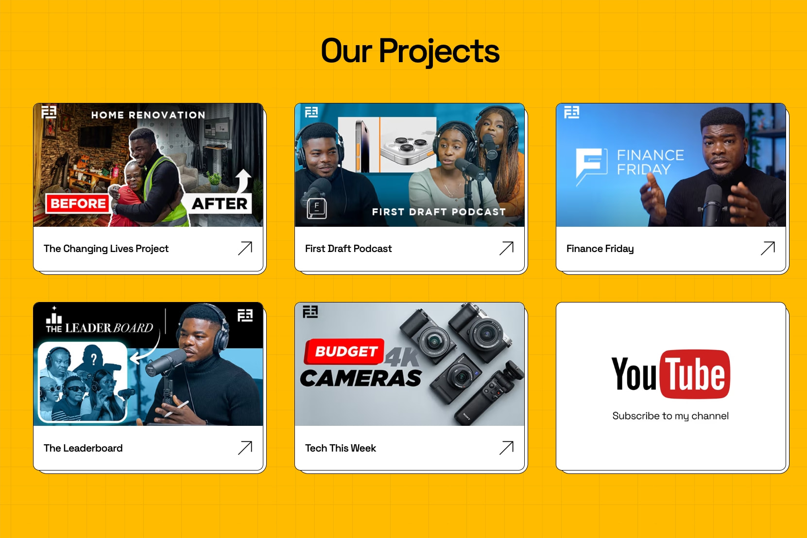 Yellow projects grid with six media cards showing thumbnails and diagonal arrow links captured website design
