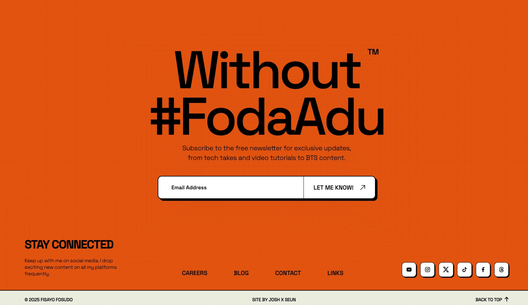 Orange newsletter section with bold black display type, email input field, and social icon row on grid background captured website design