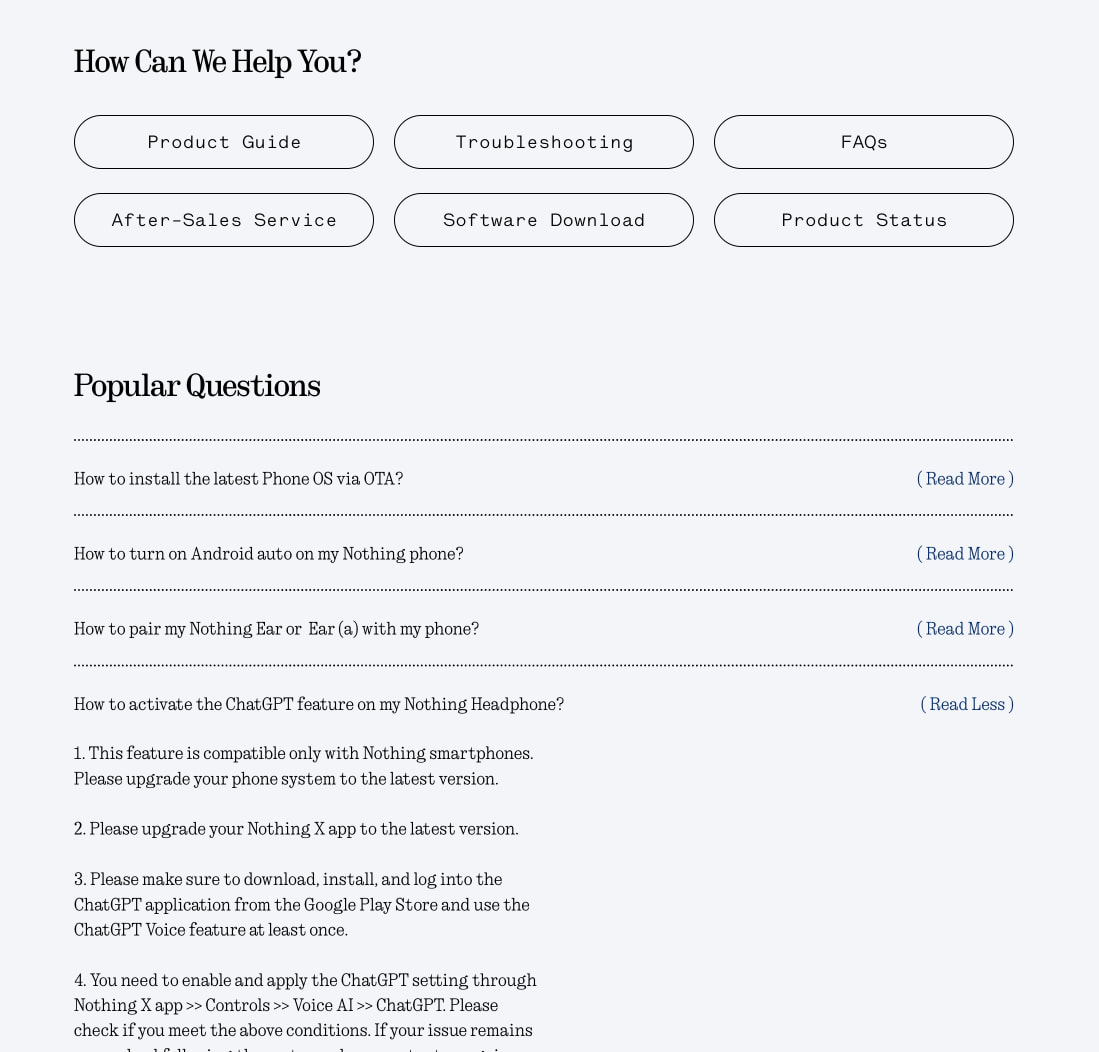 Support Centre – Nothing captured website design