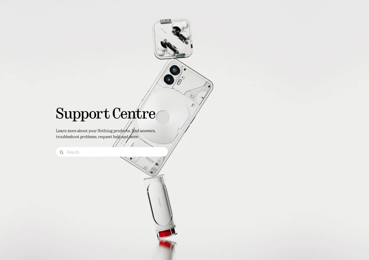 Support Centre landing page with large serif heading, floating product photography of transparent phone and earbuds, and rounded search input captured website design