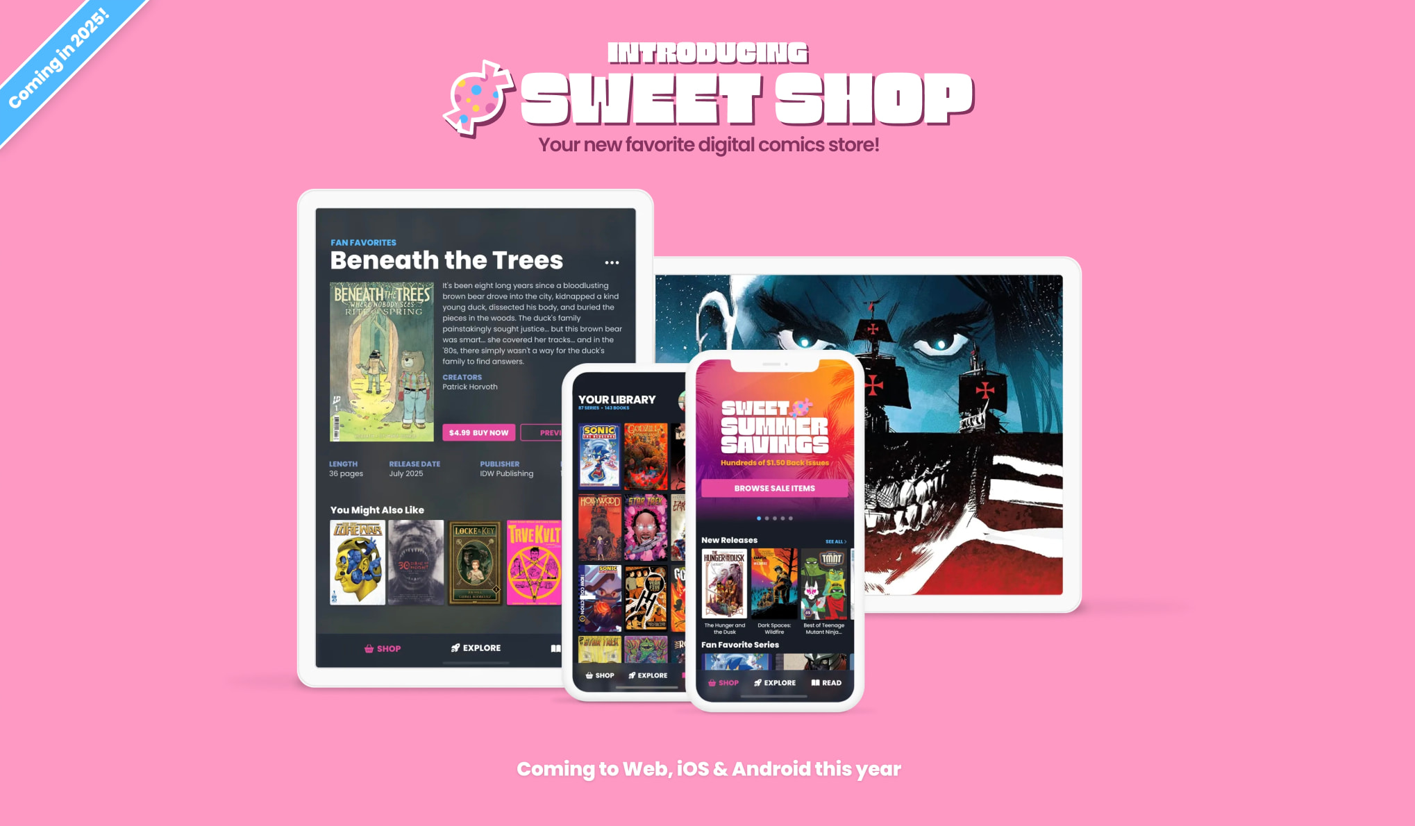 Hero section with pink background, dripping icing graphic, Sweet Shop logo, and device mockups showing comic store app interface captured website design