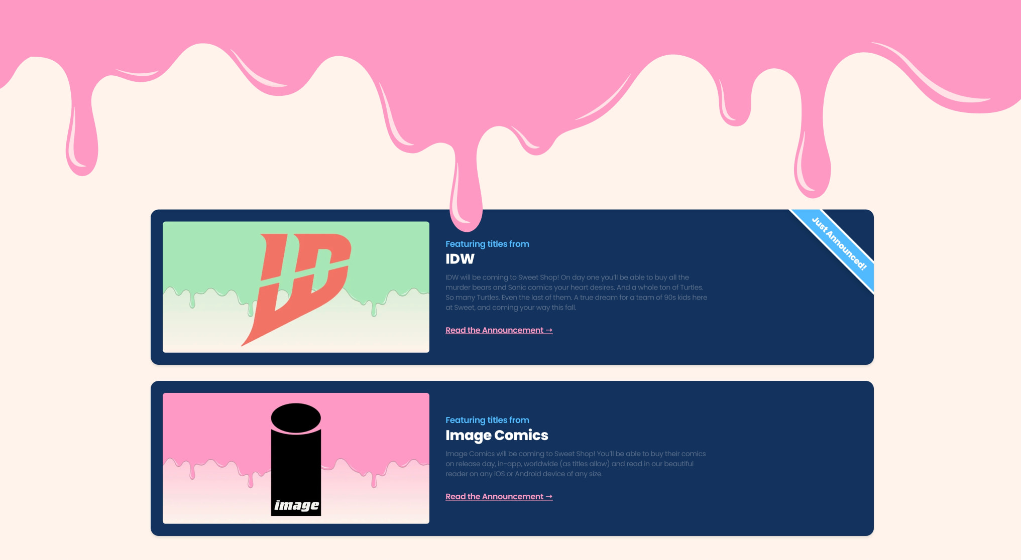 Publisher announcement cards with dark navy panels, pink icing drips, and IDW and Image Comics branding on light cream background captured website design