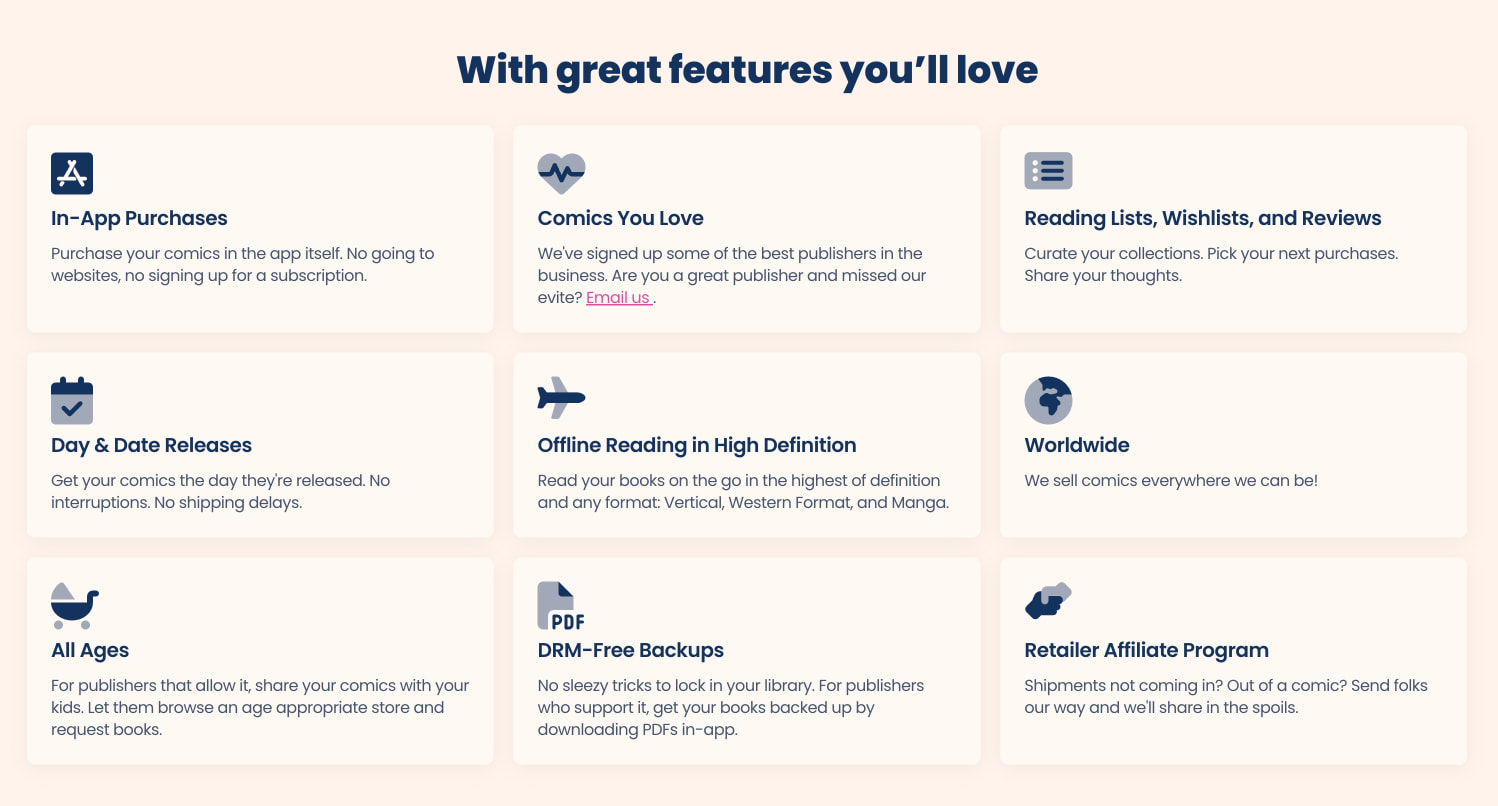Features grid with nine white cards showing app capabilities with navy icons and text on warm cream background captured website design