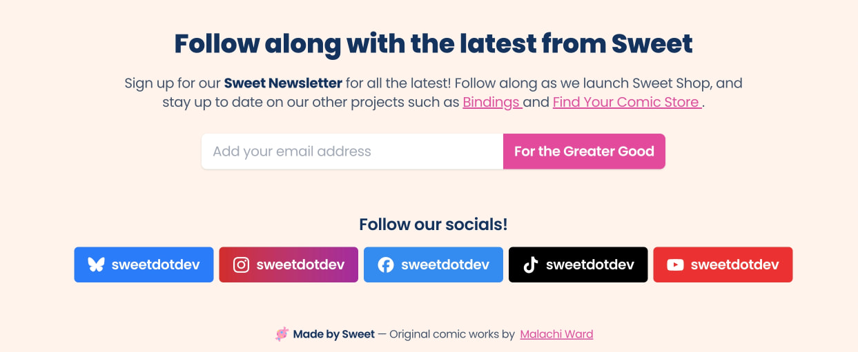 Newsletter signup section with email input, pink submit button, social media links in colorful pills, and footer attribution captured website design
