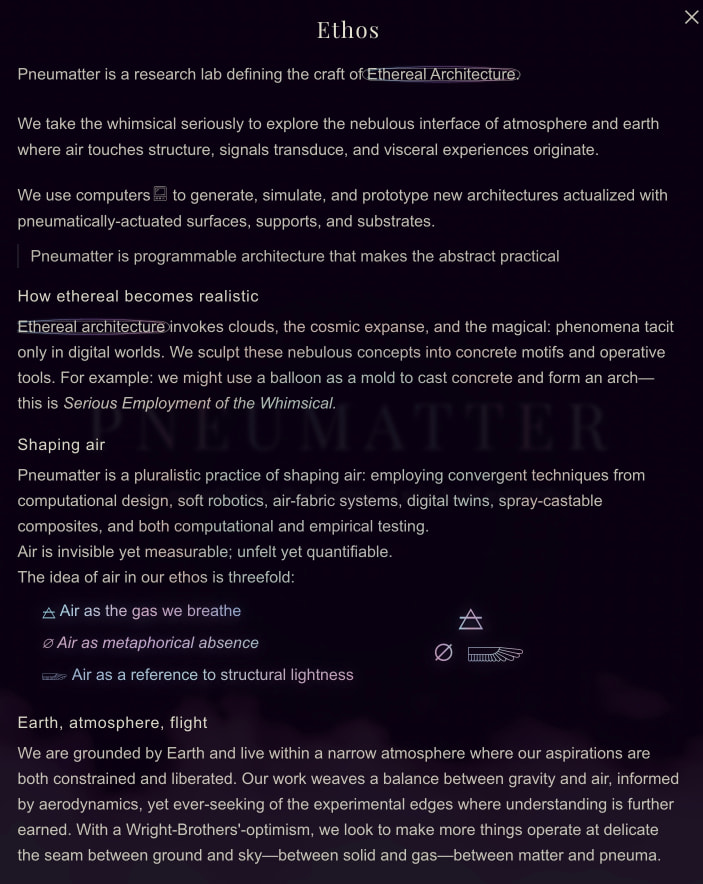 Ethos modal overlay with dark translucent backdrop, body text, inline icons, and faint ghosted wordmark behind content captured website design