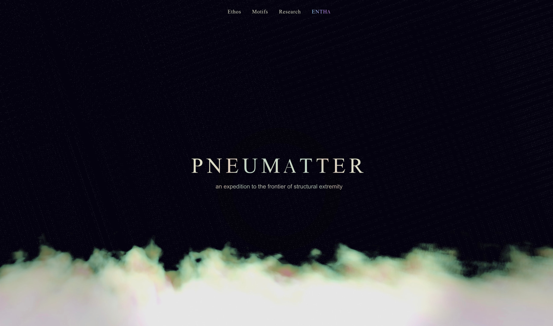 Hero viewport with starfield background, centered serif wordmark PNEUMATTER, and ethereal cloud formation at bottom edge captured website design