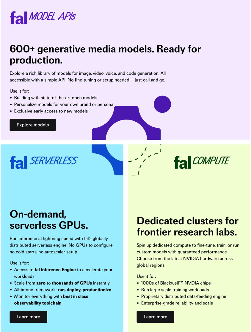 Generative AI APIs | Run Img, 3D, Video AI Models 4x Faster | fal.ai captured website design