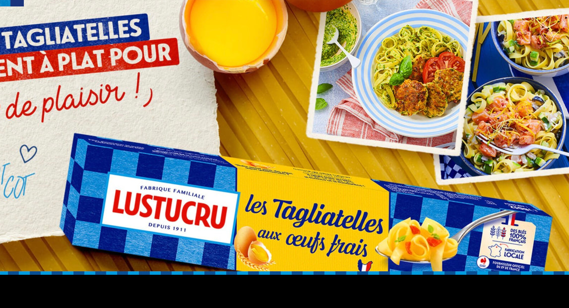 Product showcase with yellow tagliatelle pasta package on striped yellow background, recipe photography cards, and handwritten-style French promotional text captured website design