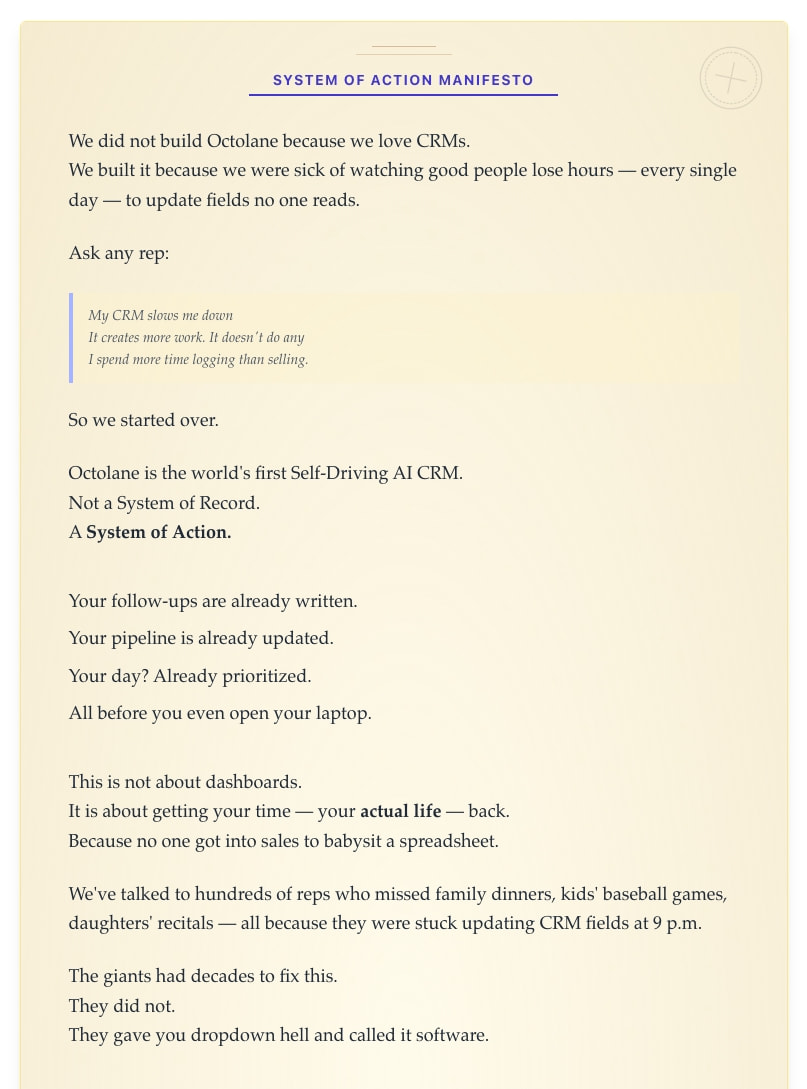 System of Action Manifesto page with cream background, purple accent heading, and editorial body typography captured website design