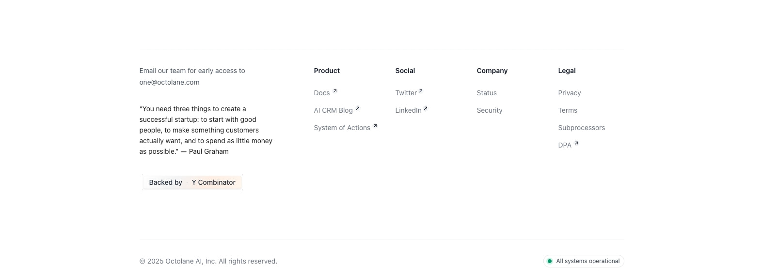 Footer section with multi-column link grid, Paul Graham quote, Y Combinator badge, and operational status indicator captured website design