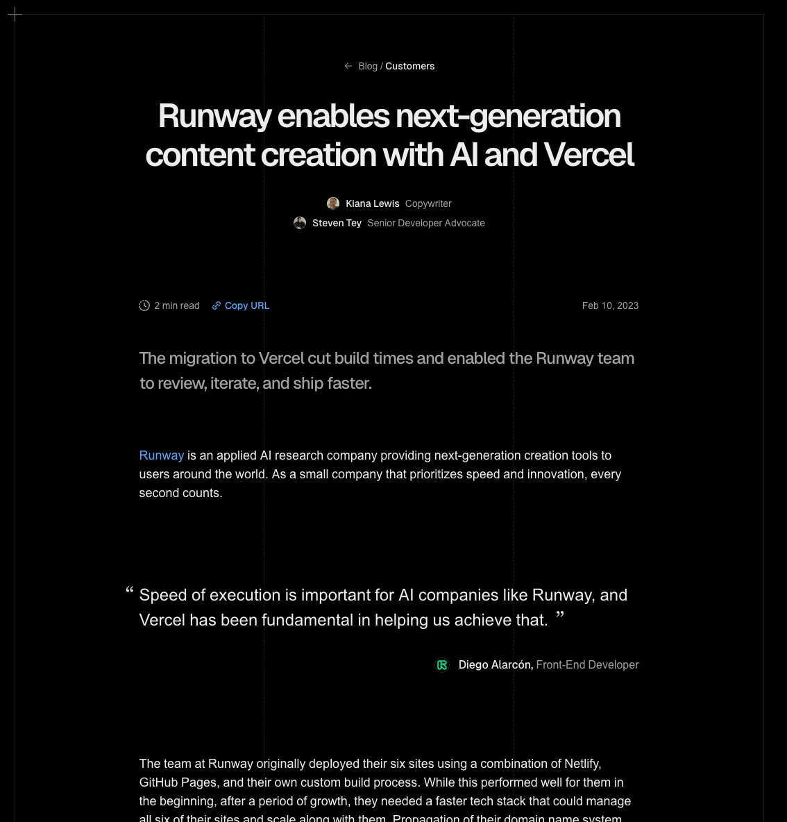 Runway enables next-generation content creation with AI and Vercel - Vercel captured website design