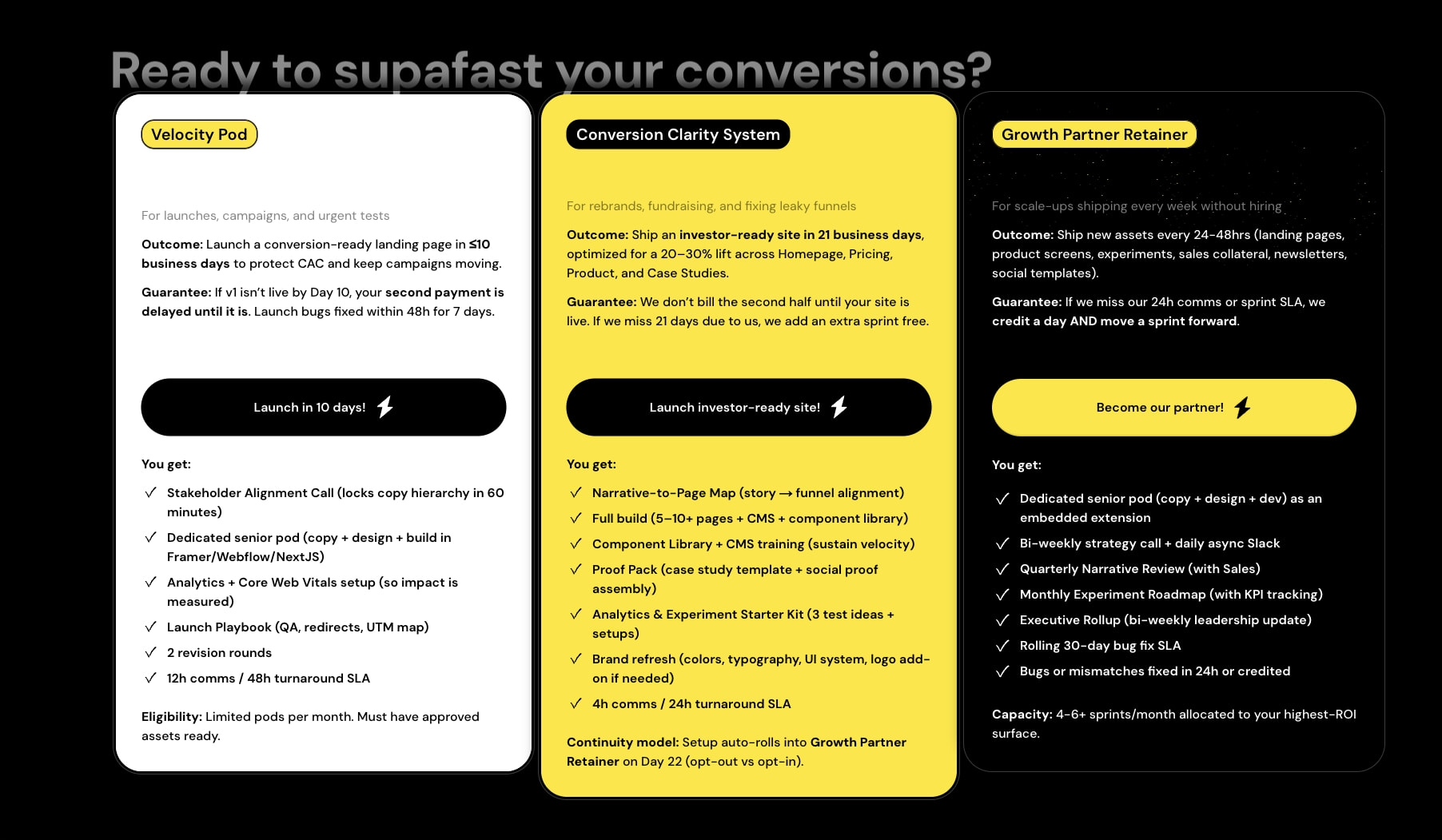 Three-tier pricing grid with white, yellow, and dark cards showing service tiers and lightning bolt icons captured website design