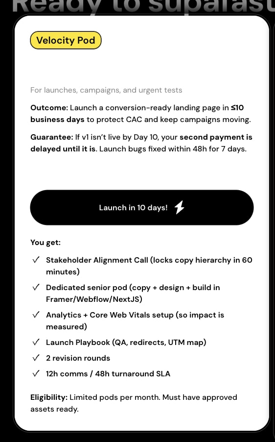 White pricing card with yellow 'Velocity Pod' badge, black pill button, and detailed feature checklist captured website design