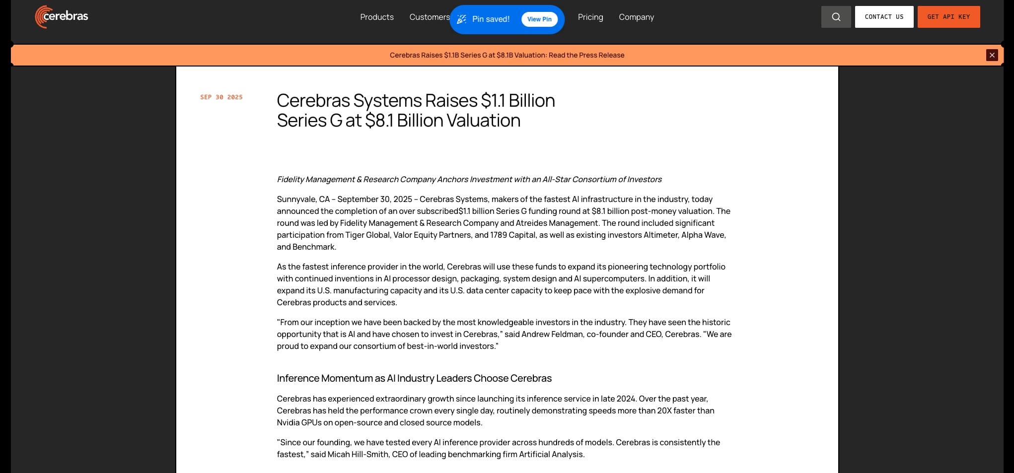 Cerebras Raises $1.1 Billion at $8.1 Billion Valuation captured website design