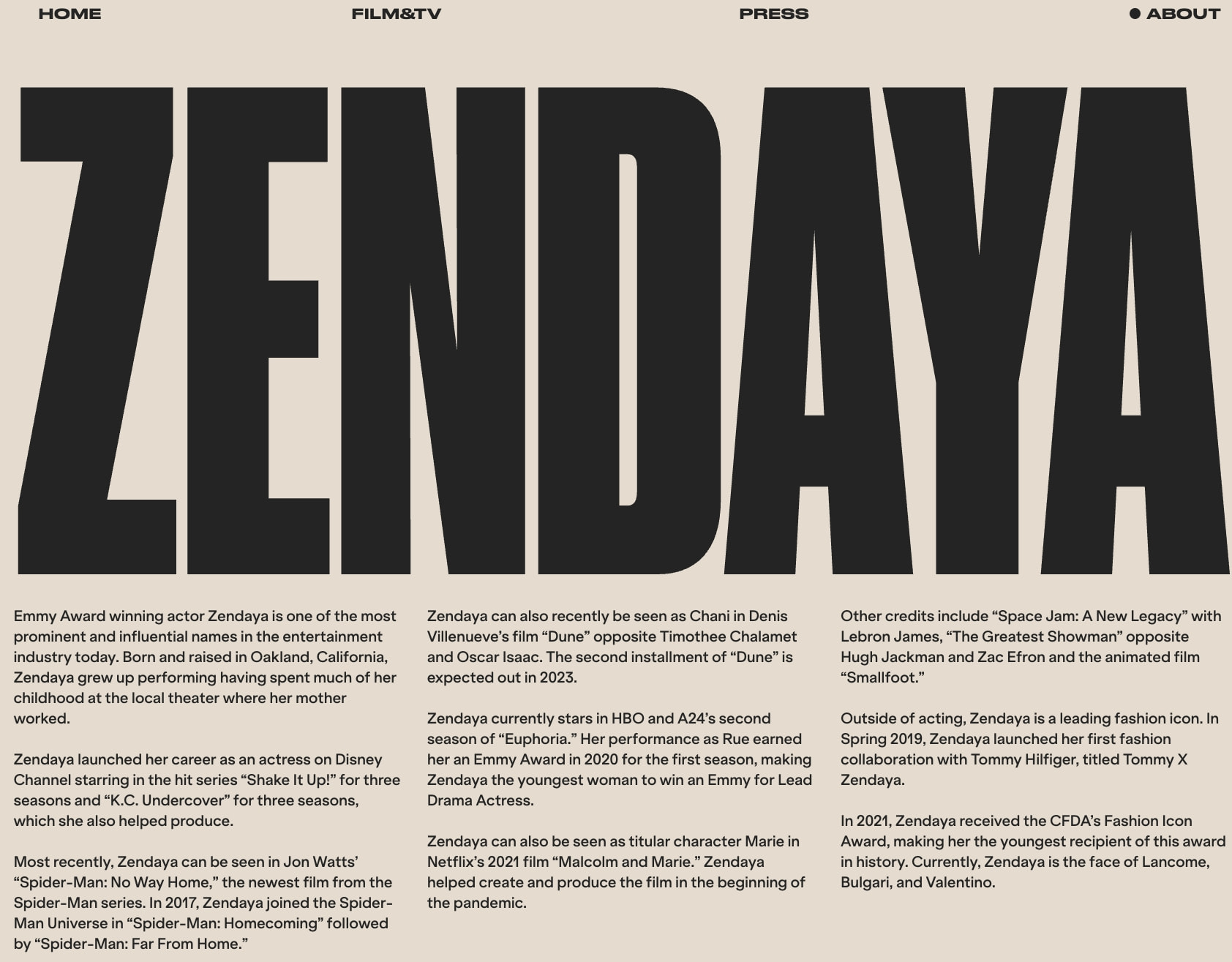 Zendaya captured website design