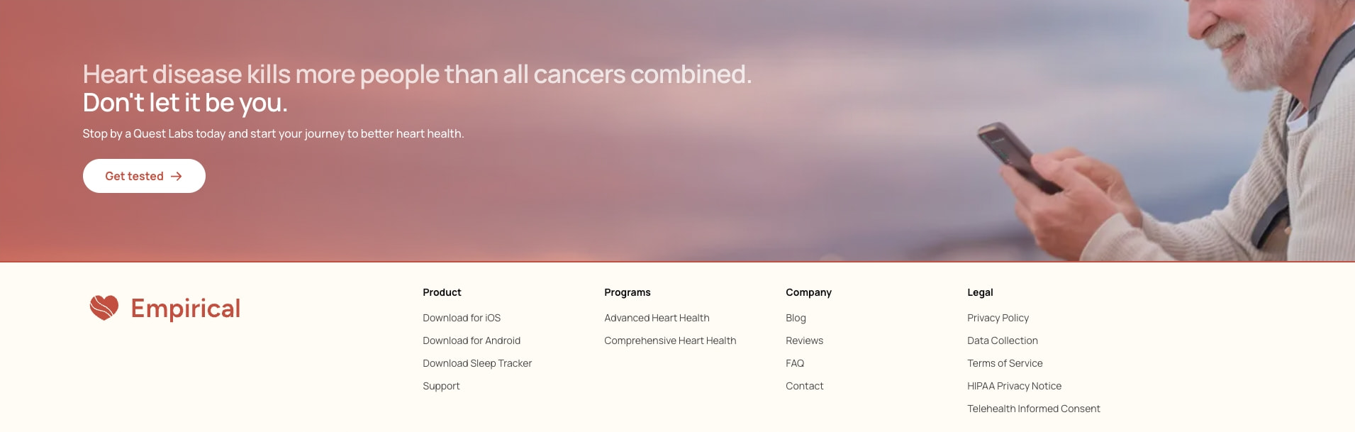 Hero banner with warm terracotta gradient, white headline, and pill CTA over lifestyle photography of older adult with phone captured website design