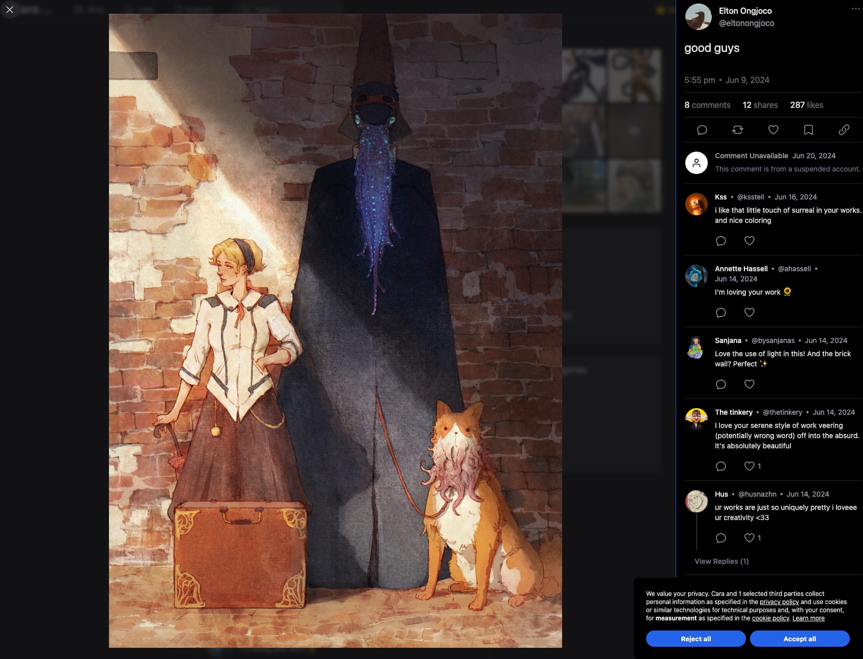 Expanded artwork lightbox modal with comment thread and cookie consent banner featuring blue action buttons captured website design