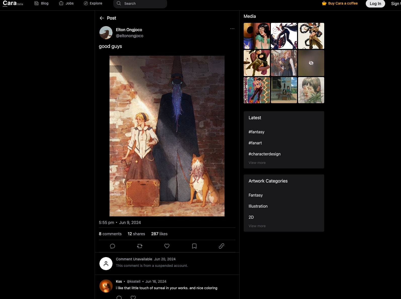 Post detail page showing artwork with engagement metrics, comments section, and sidebar with media grid and categories captured website design