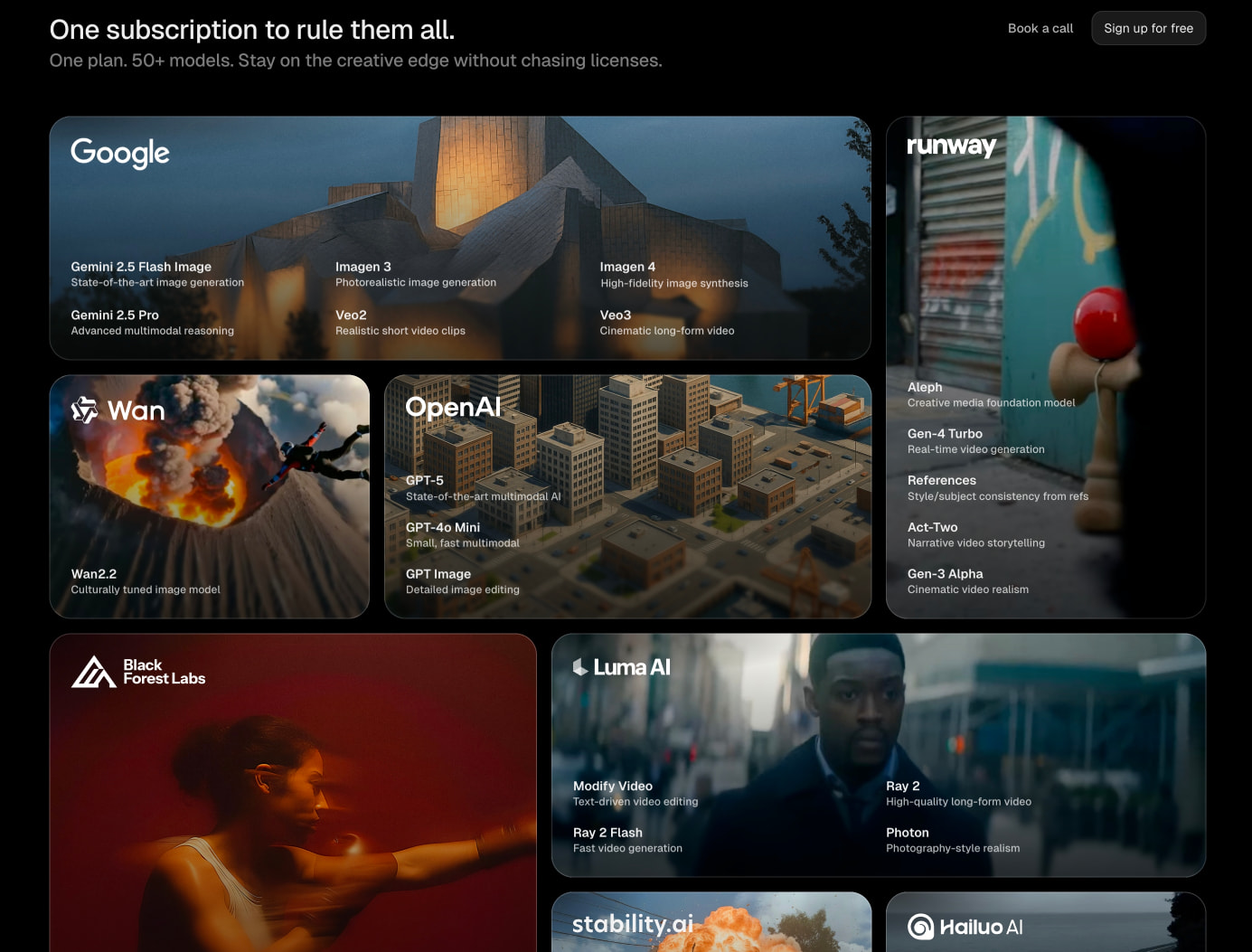 Model showcase grid with partner logos and cinematic photography cards on near-black background captured website design