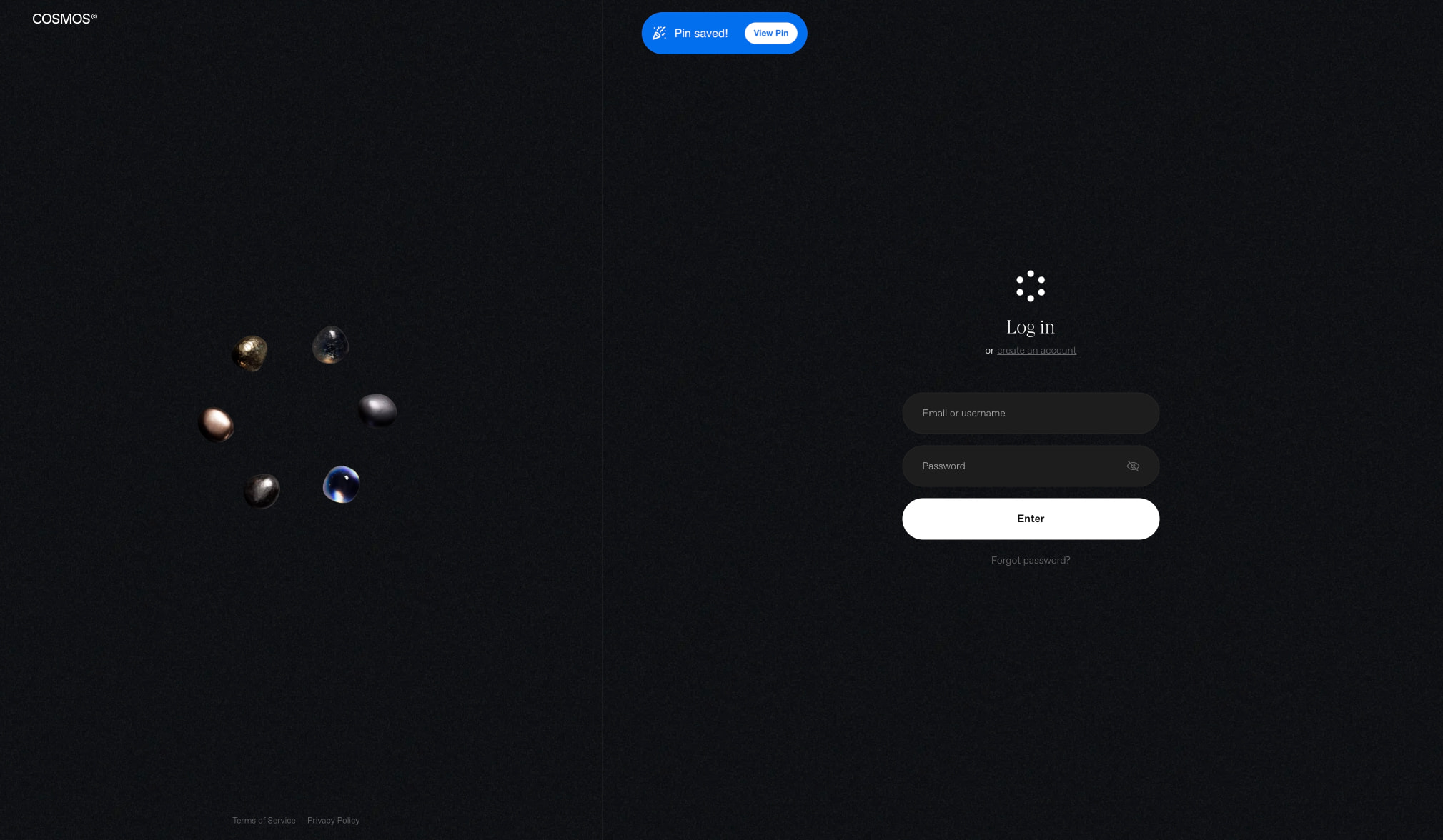 Cosmos - Log in captured website design