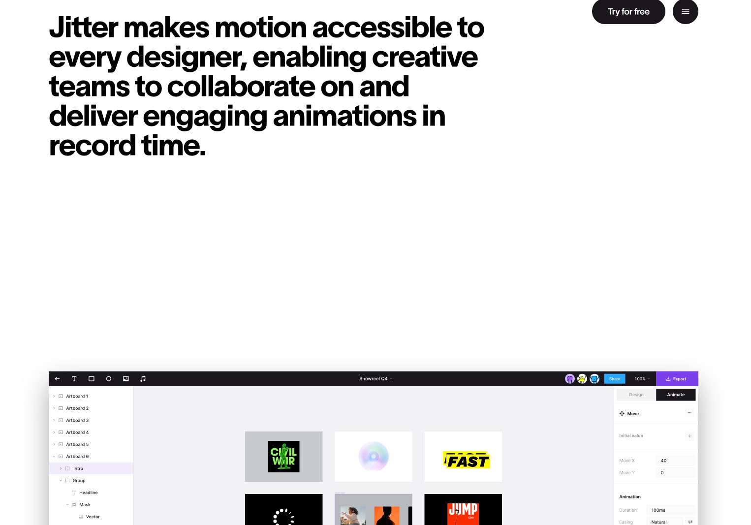 Jitter · A fast and simple motion design tool on the web captured website design