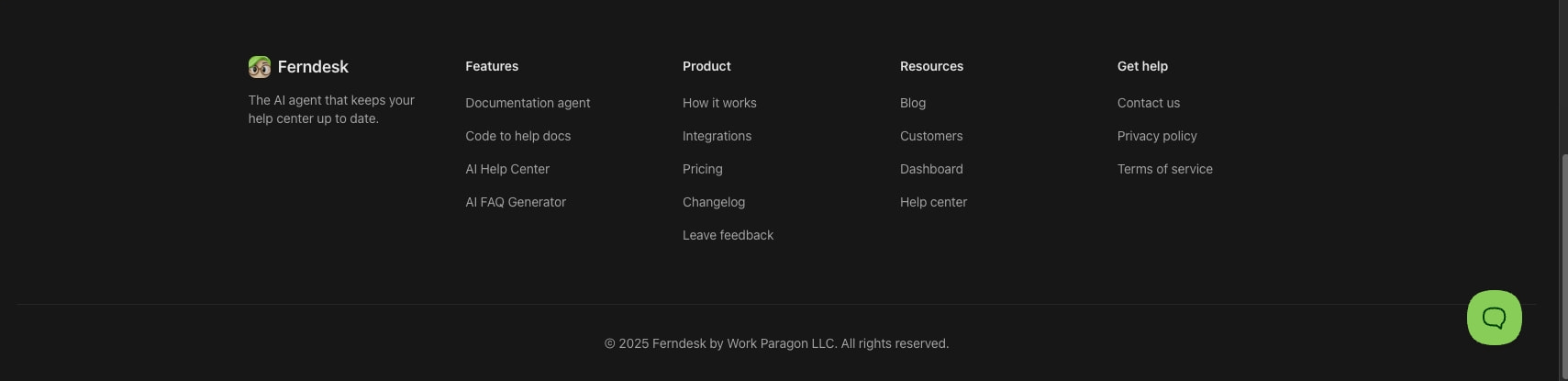 Footer section with Ferndesk logo, tagline, five-column link grid, copyright bar, and floating lime-green chat bubble button captured website design