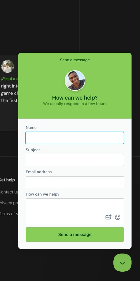 Floating contact modal with bright lime-green header, circular avatar, white form fields, and rounded green send button over dark background captured website design