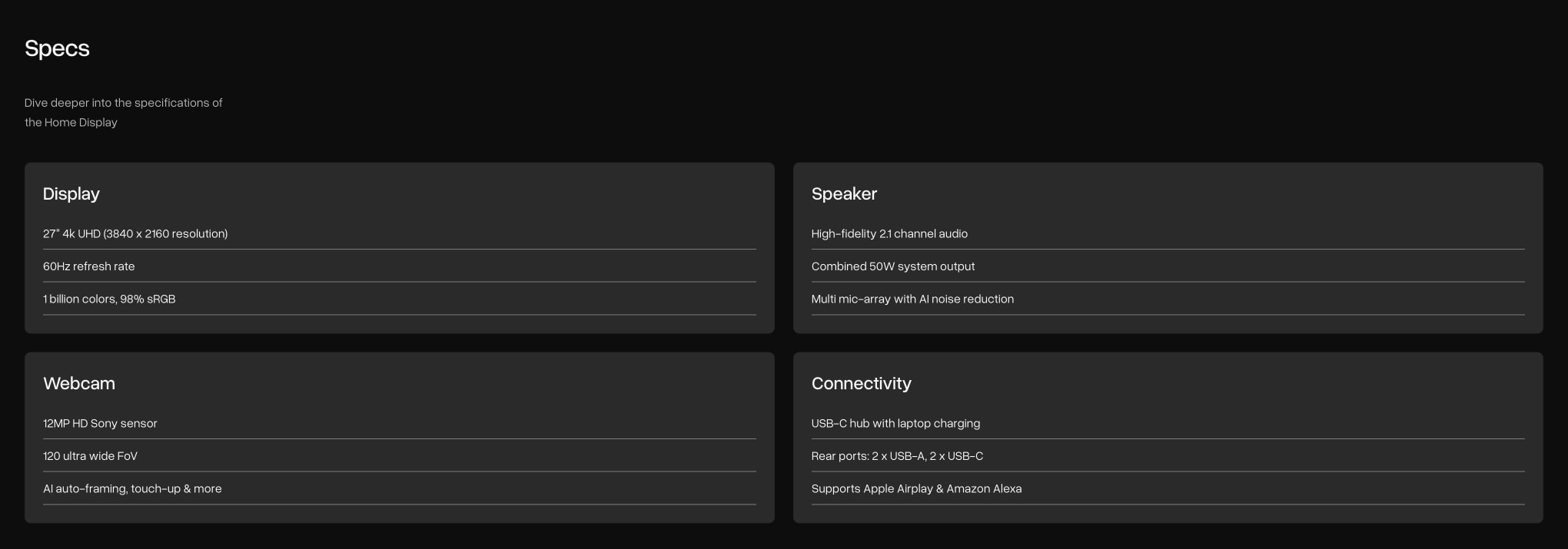 Specs grid with four dark gray cards showing Display, Speaker, Webcam, and Connectivity categories with white headings captured website design