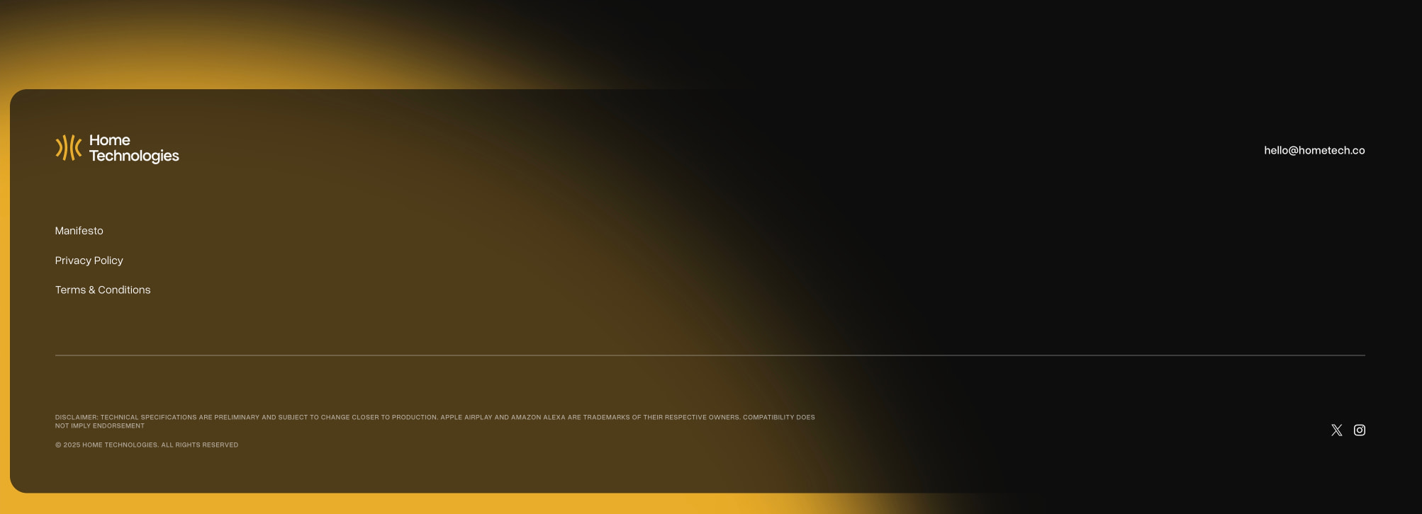Footer section with warm amber gradient background, logo, navigation links, legal disclaimer, and social icons on dark canvas captured website design