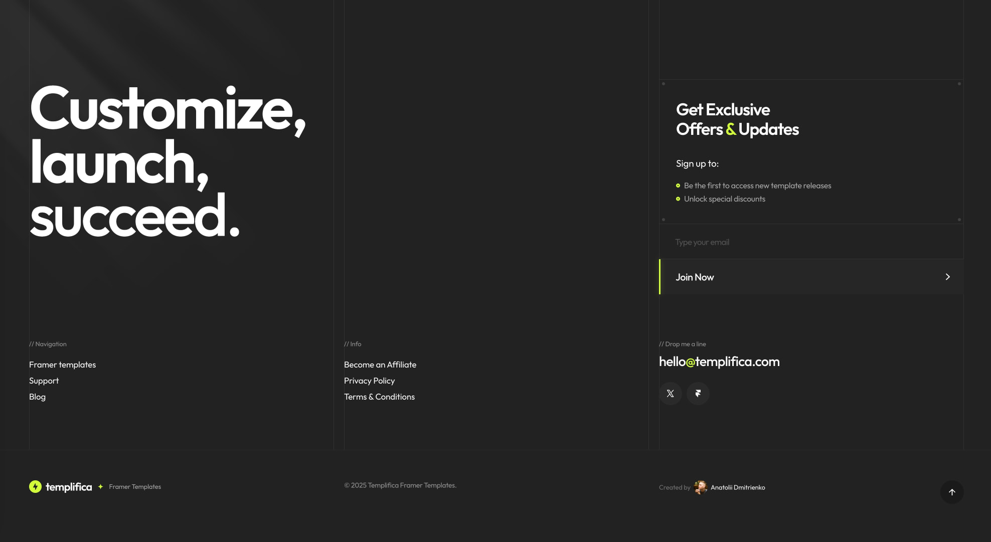 Dark footer section with large white display text, email signup form with neon accent, navigation columns, and social links captured website design