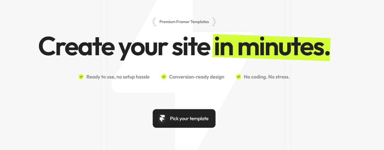 Hero section with large display headline, neon yellow highlight on 'in minutes', checkmark feature list, and dark primary action button on light background captured website design