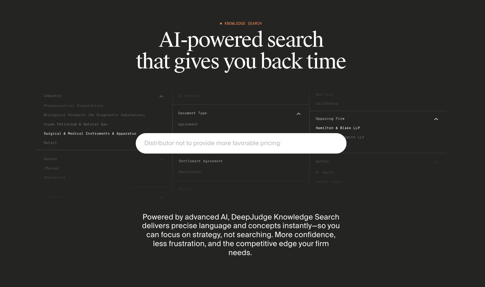 Product - Precision AI Search for legal teams captured website design