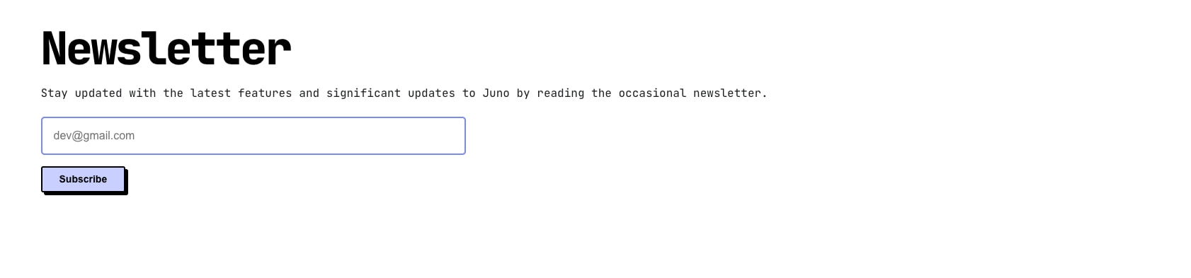 Newsletter section with large bold heading, email input field, and lavender subscribe button with black offset shadow captured website design