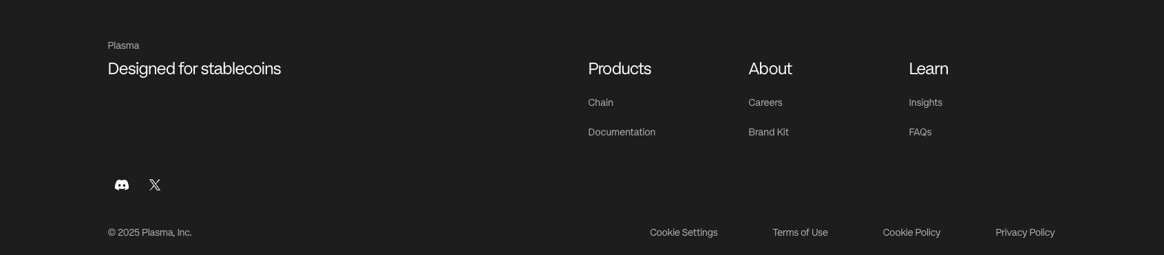 Dark footer with 'Designed for stablecoins' tagline, multi-column links, and social icons on near-black surface captured website design