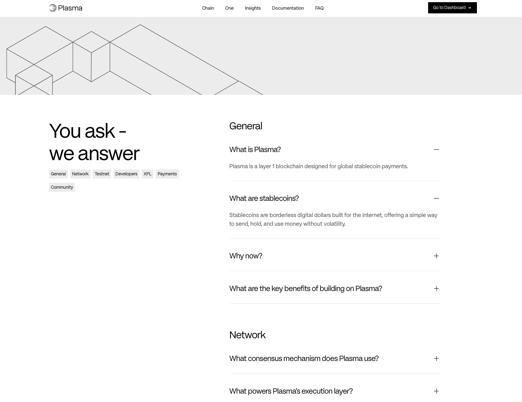 FAQ page with wireframe cube hero, accordion questions, and category filter pills on white background captured website design