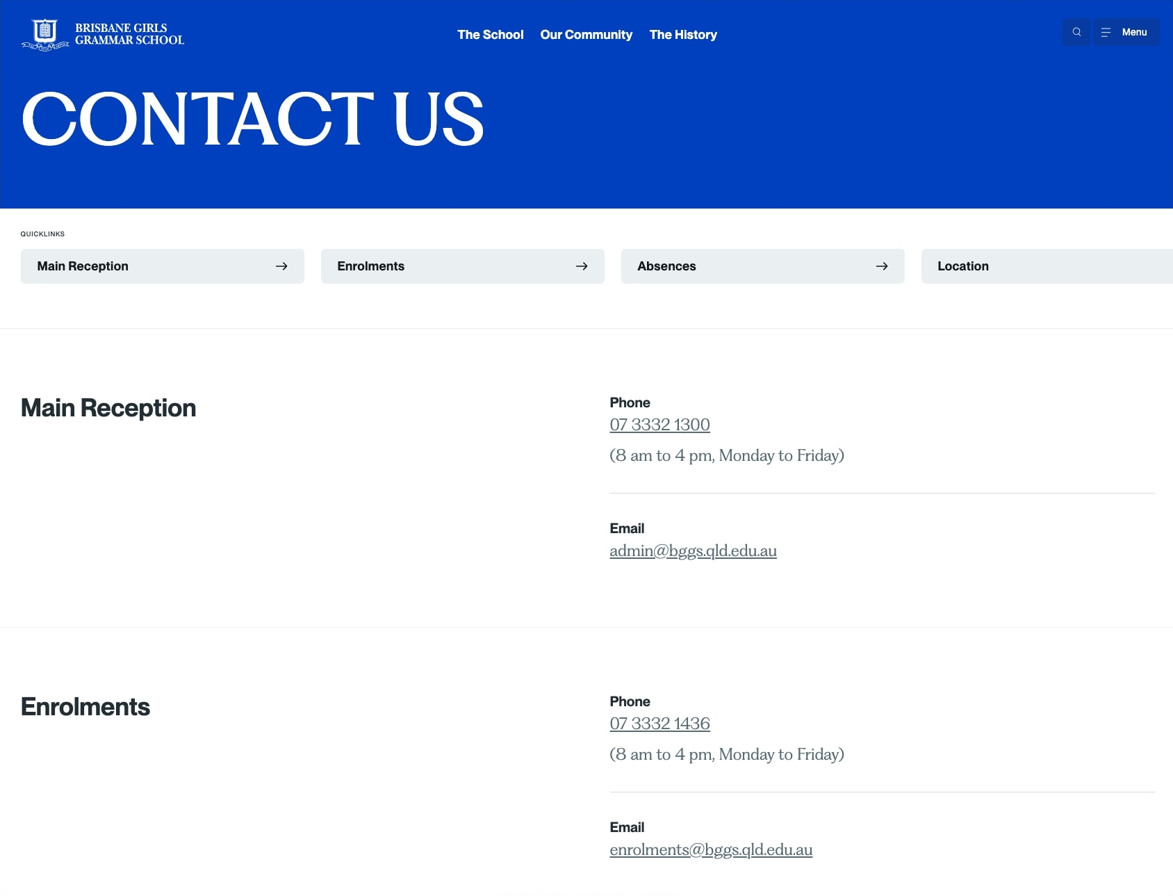 Contact us - Brisbane Girls Grammar School captured website design