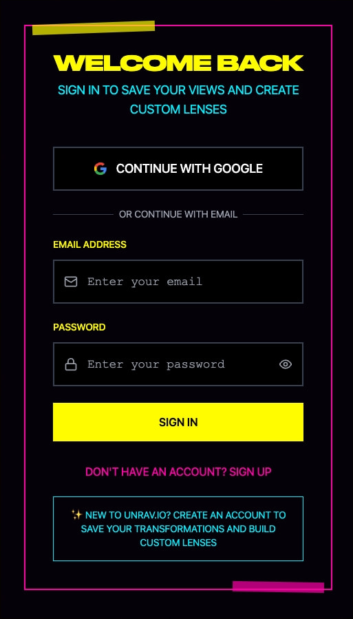 Login modal with neon yellow headline, cyan subtext, and magenta border accents on a near-black background captured website design
