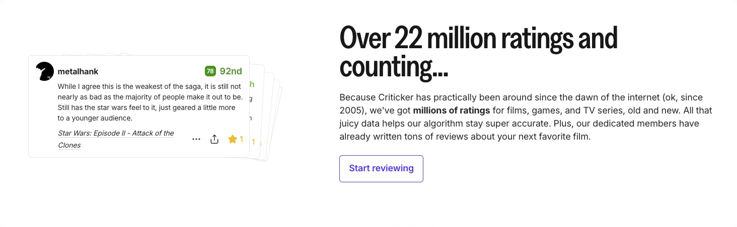 Criticker - Personalized recommendations for Film, TV, and Games captured website design