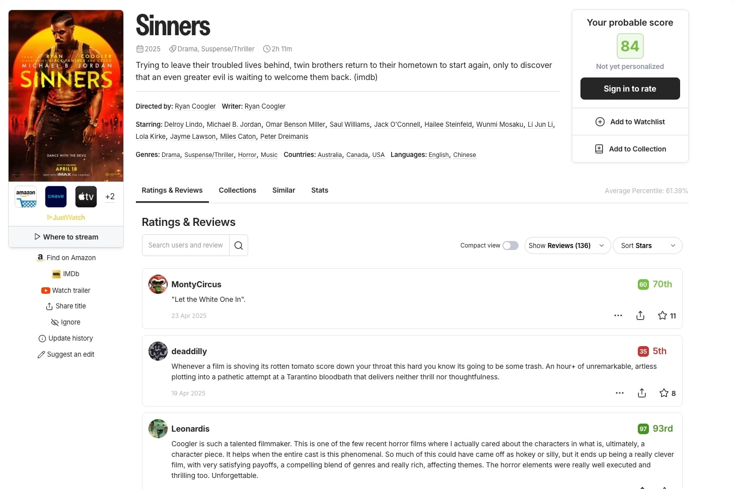 Sinners (2025) | Ratings, Reviews, Info and Trailer on Criticker captured website design