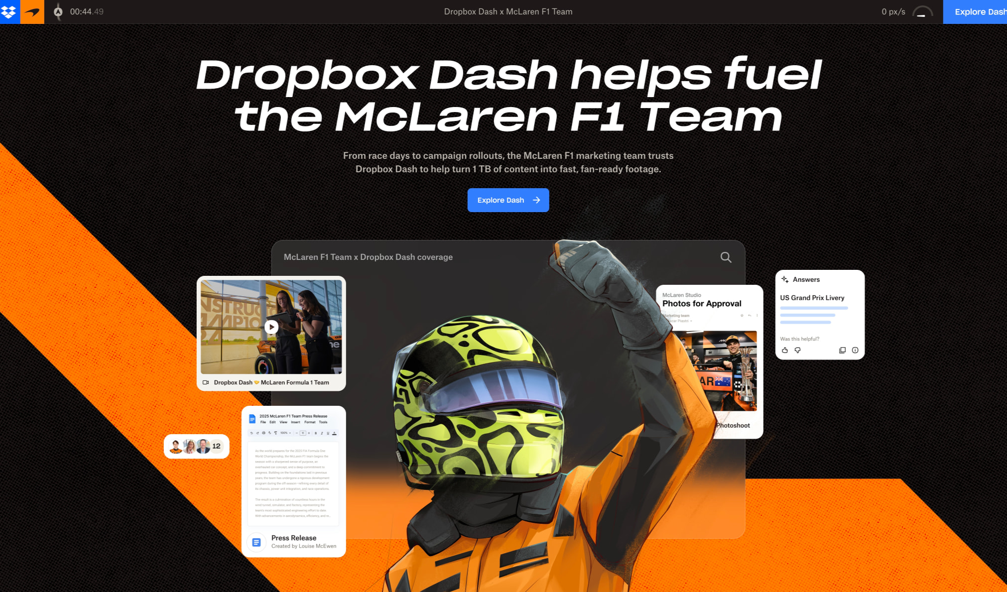 Dropbox Dash x McLaren F1 Team captured website design