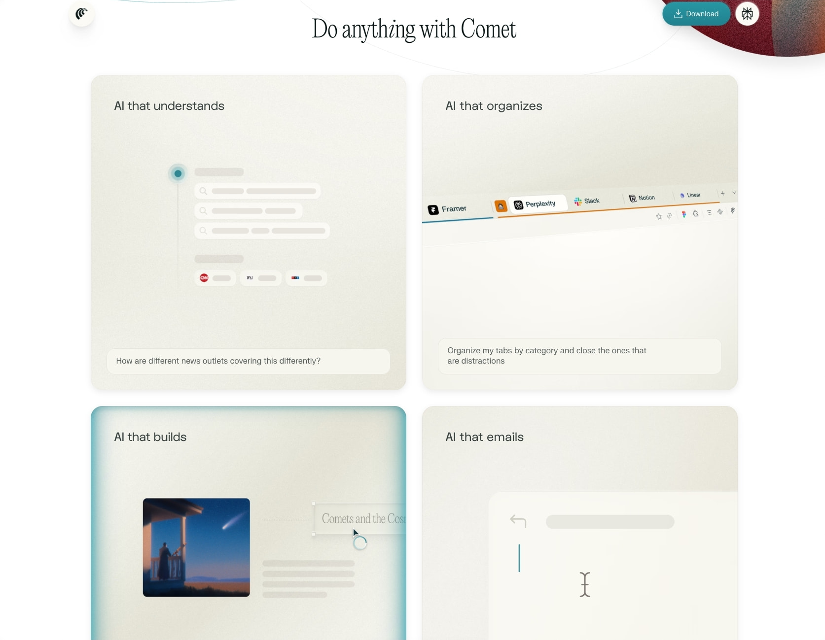 Comet Browser: a Personal AI Assistant captured website design