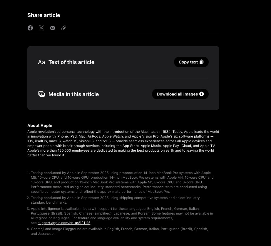 Apple unleashes M5, the next big leap in AI performance for Apple silicon - Apple captured website design