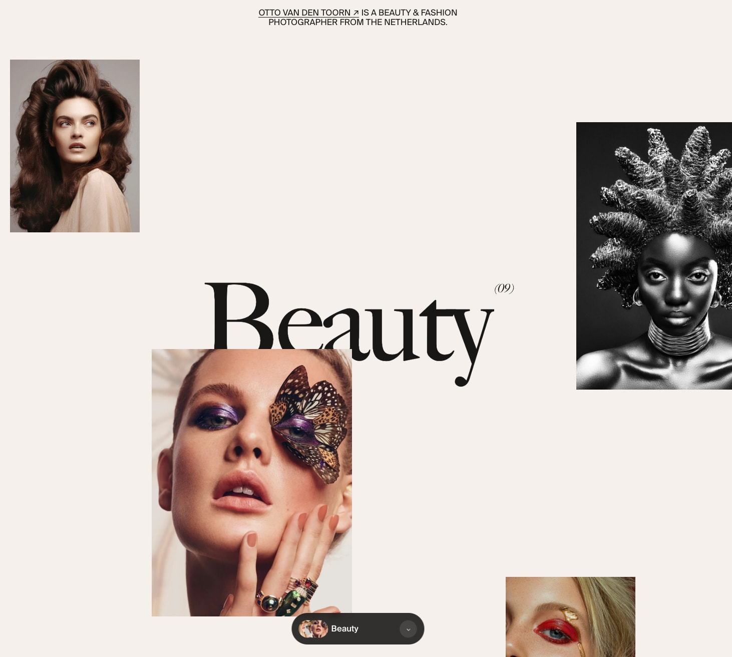 Home page hero with bio line, multi-image Beauty section layout, and sculptural black-and-white portrait on pale ground captured website design