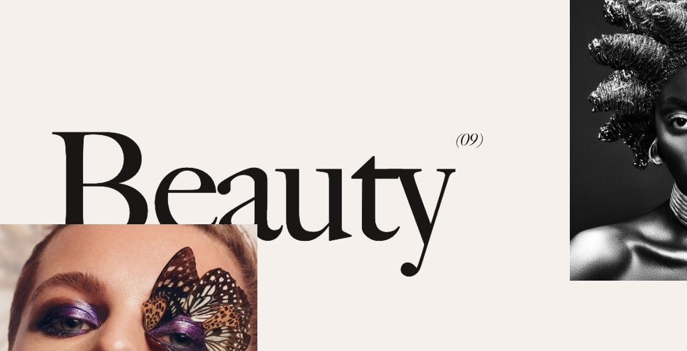 Beauty section close-up with dramatic serif display type, parenthetical index number, and high-contrast beauty photography captured website design