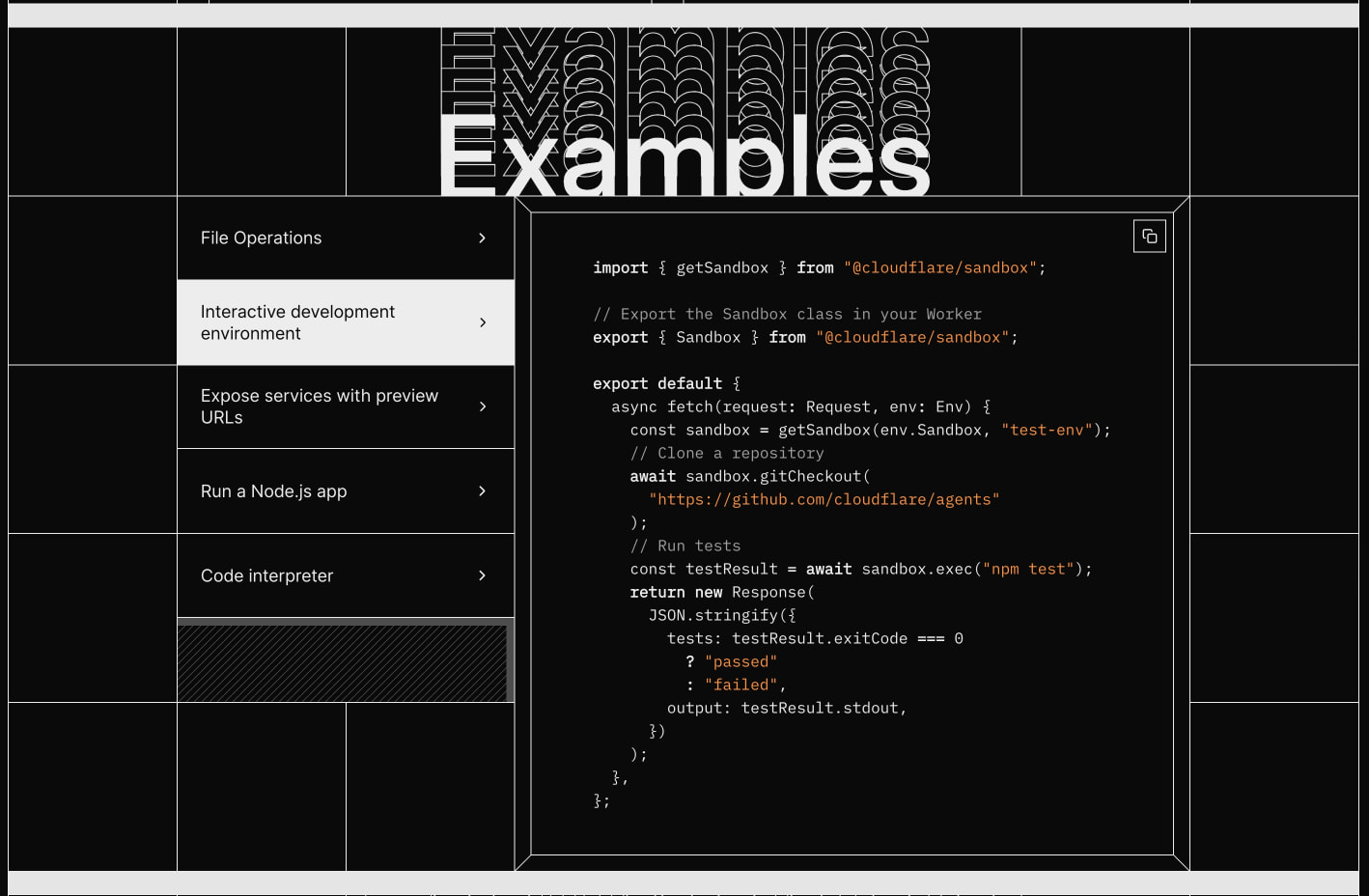 Examples section with expandable sidebar navigation and syntax-highlighted code block in bordered panel captured website design