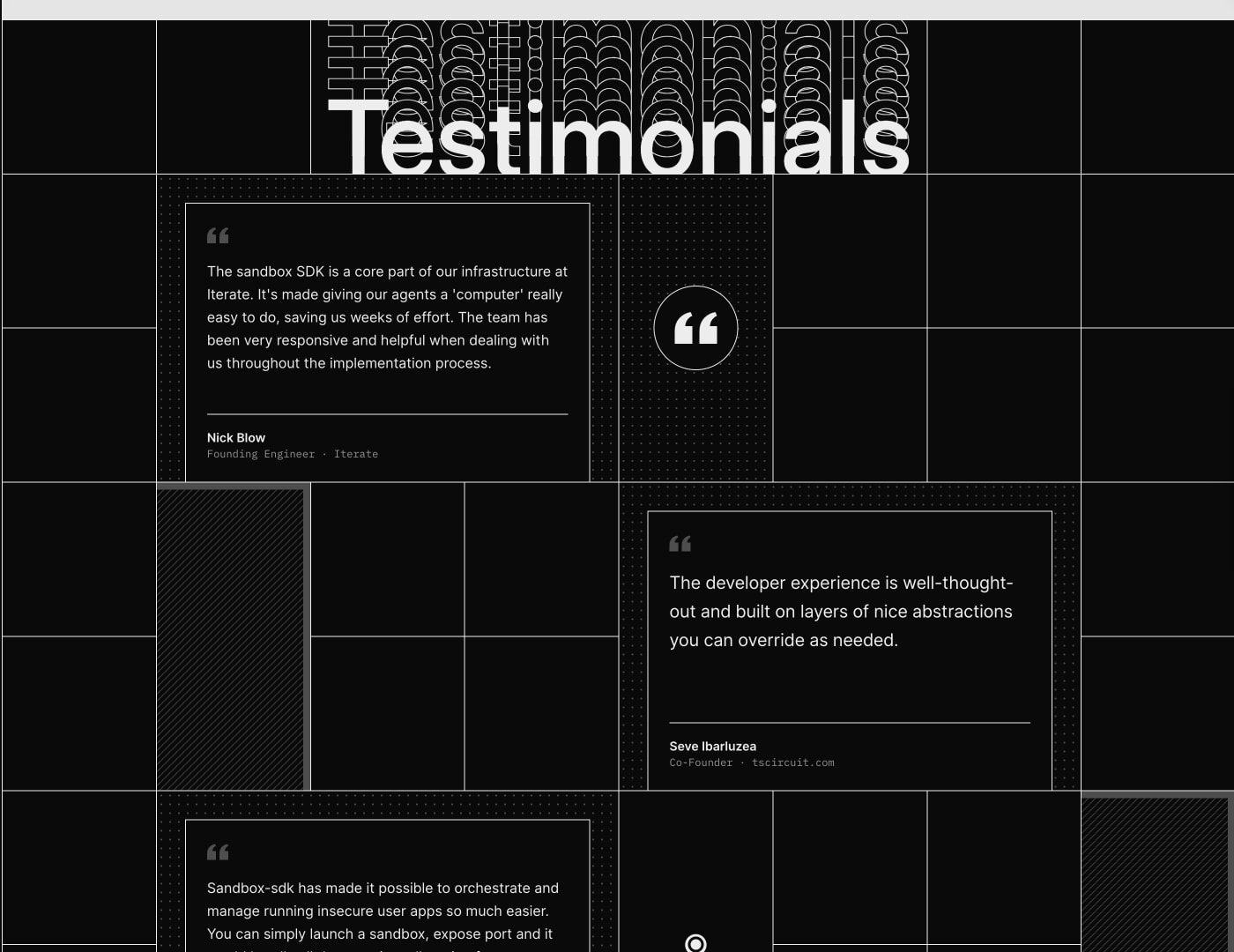 Testimonials section with staggered quote cards, decorative quotation marks, and grid-line background pattern captured website design