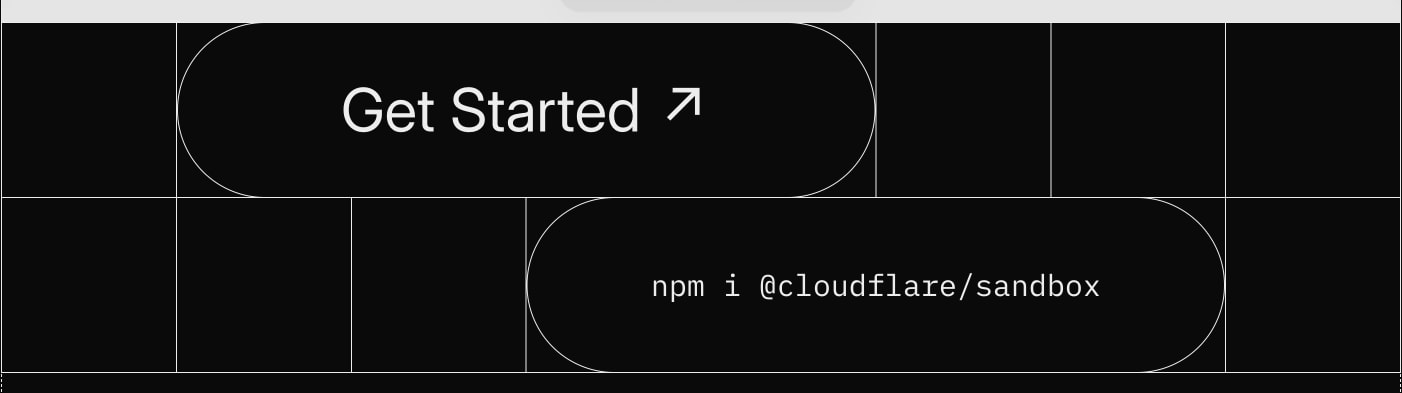 Oval pill buttons showing 'Get Started' with arrow icon and 'npm i @cloudflare/sandbox' install command captured website design