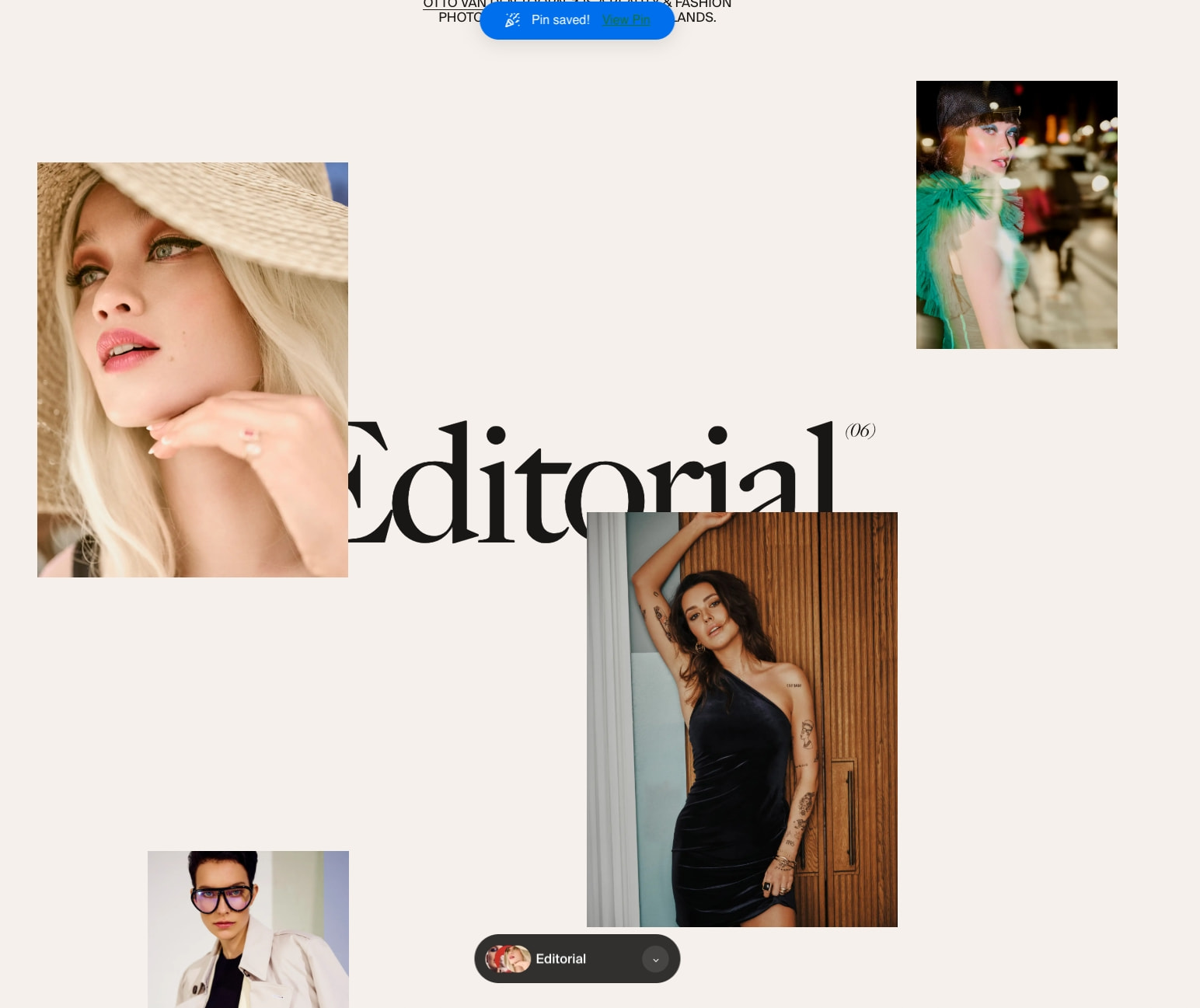 Editorial page with large serif title, scattered fashion portraits, and floating category pill on warm off-white canvas captured website design