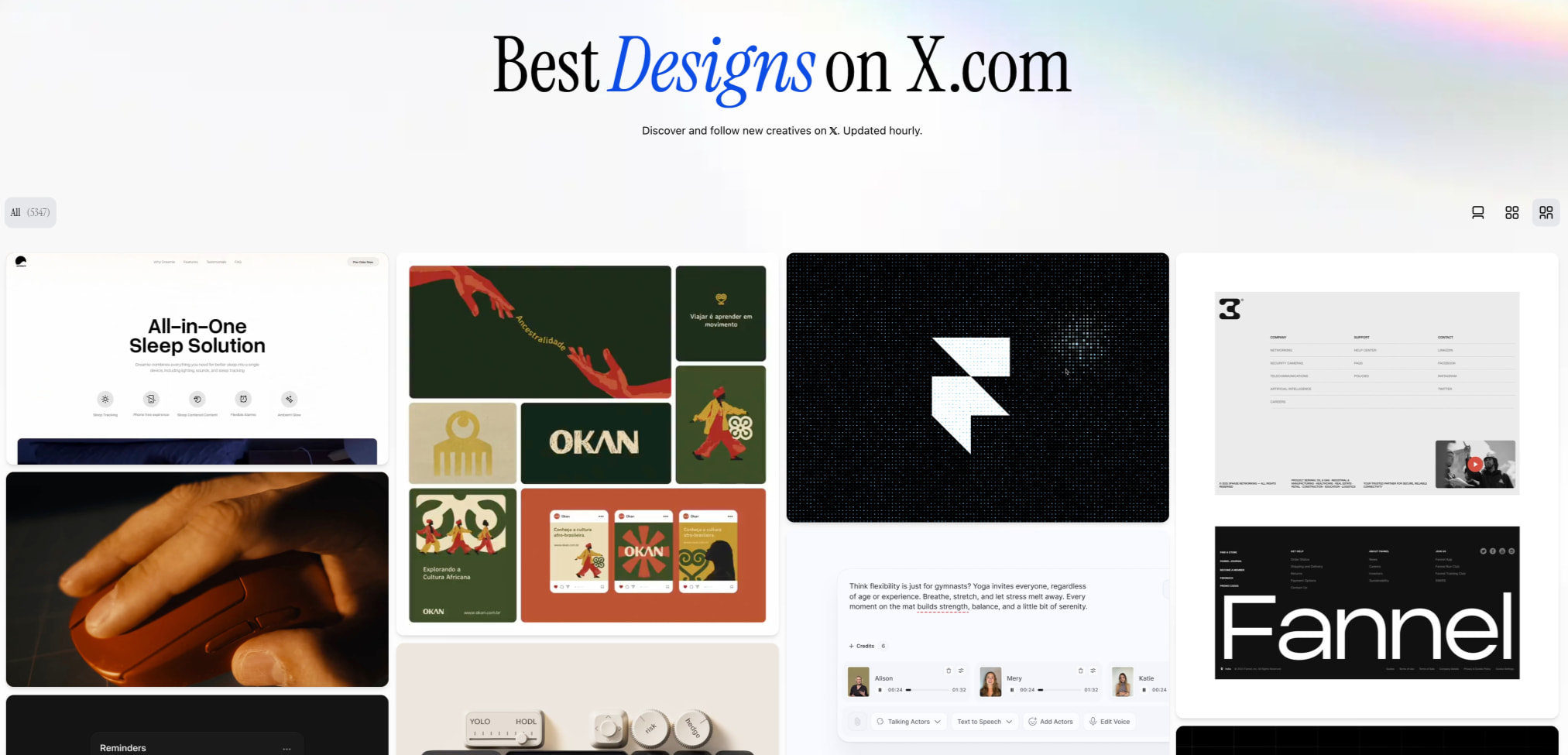 Homepage hero with serif title, soft gradient background, and masonry grid of design portfolio cards captured website design